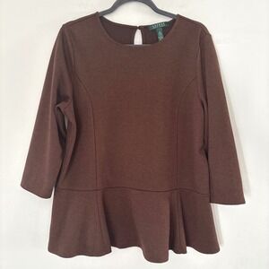 Lauren Ralph Lauren Brown Herringbone Peplum Top 1X Work Office Career Old Money